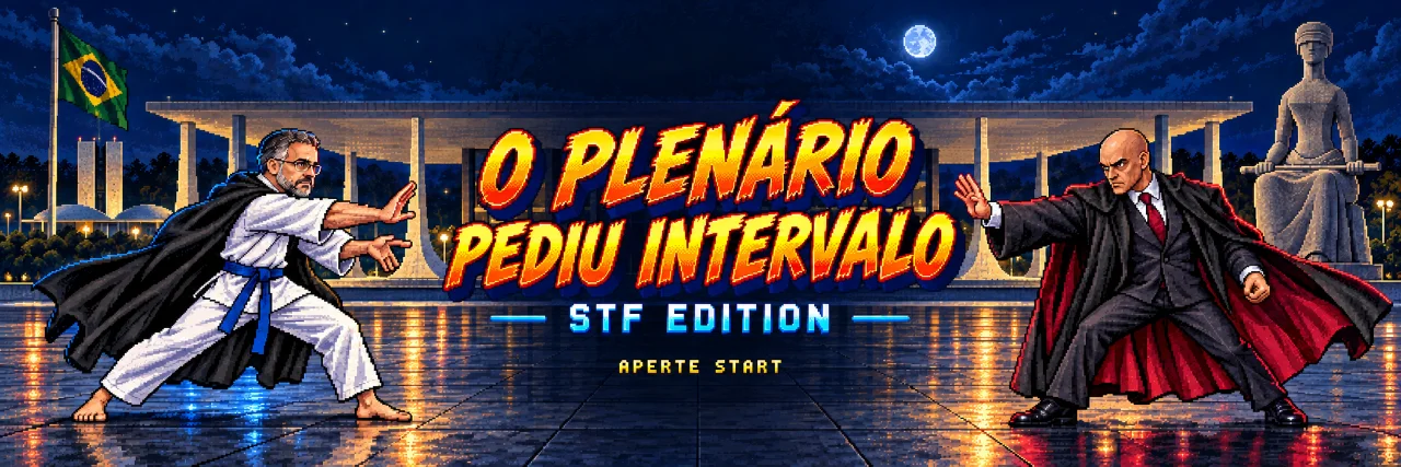 Banner do jogo satírico "O Plenário pediu intervalo — STF Edition": dois lutadores em pixel art se enfrentam diante do STF, sob a lua cheia.