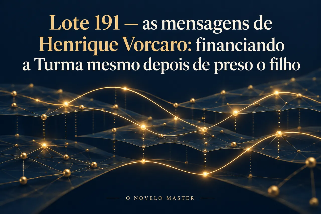 Arte de divulgação gerada por inteligência artificial: Lote 191 — as mensagens de Henrique Vorcaro: financiando a Turma mesmo depois de preso o filho