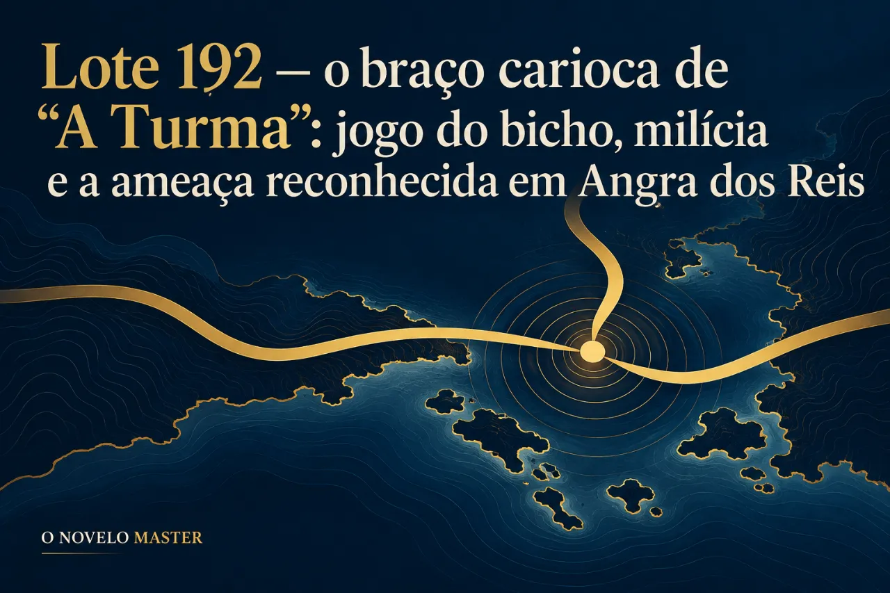 Arte de divulgação gerada por inteligência artificial: Lote 192 — o braço carioca de "A Turma": jogo do bicho, milícia e a ameaça reconhecida em Angra dos Reis