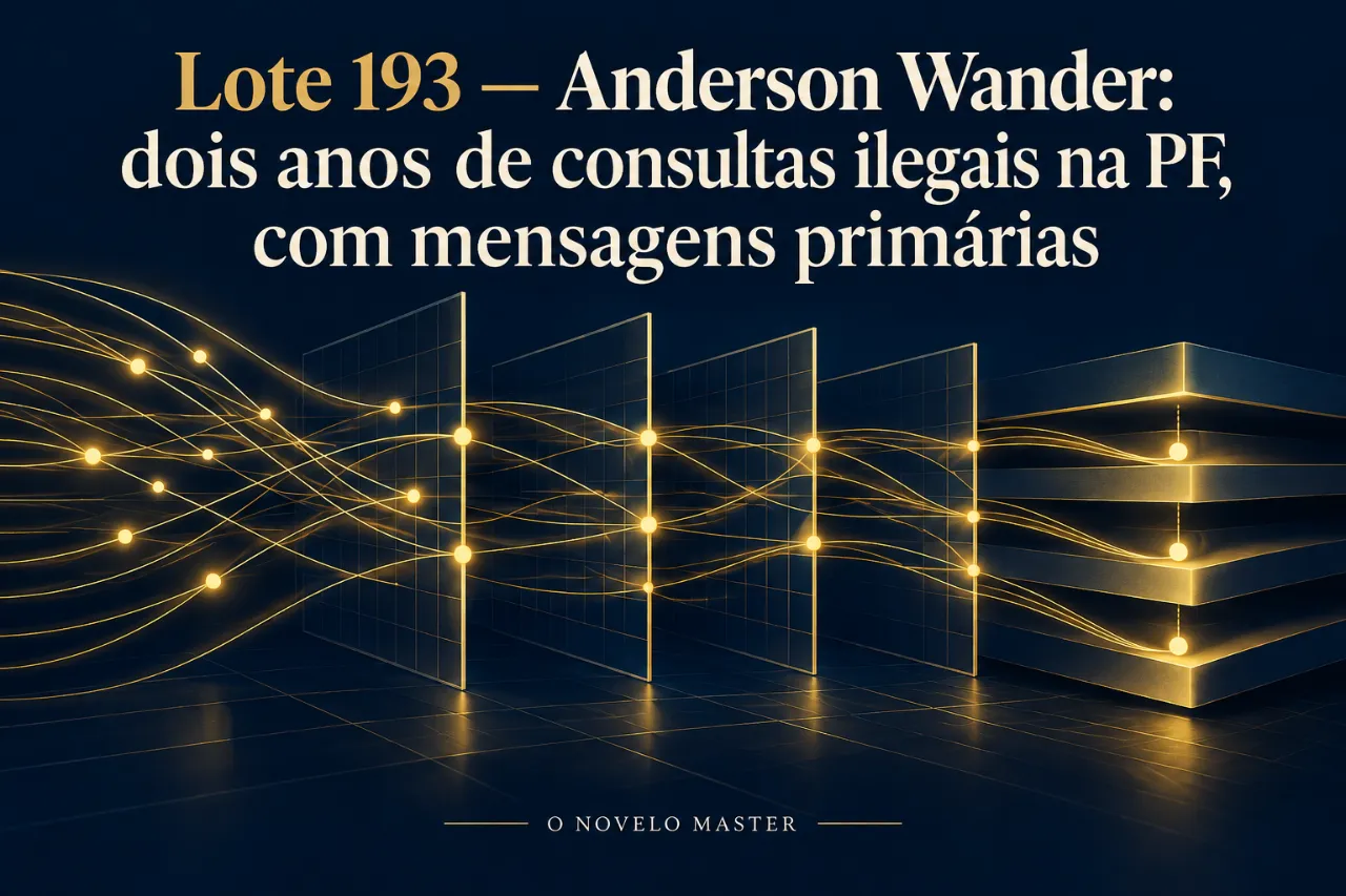 Arte de divulgação gerada por inteligência artificial: Lote 193 — Anderson Wander: dois anos de consultas ilegais na PF, com mensagens primárias