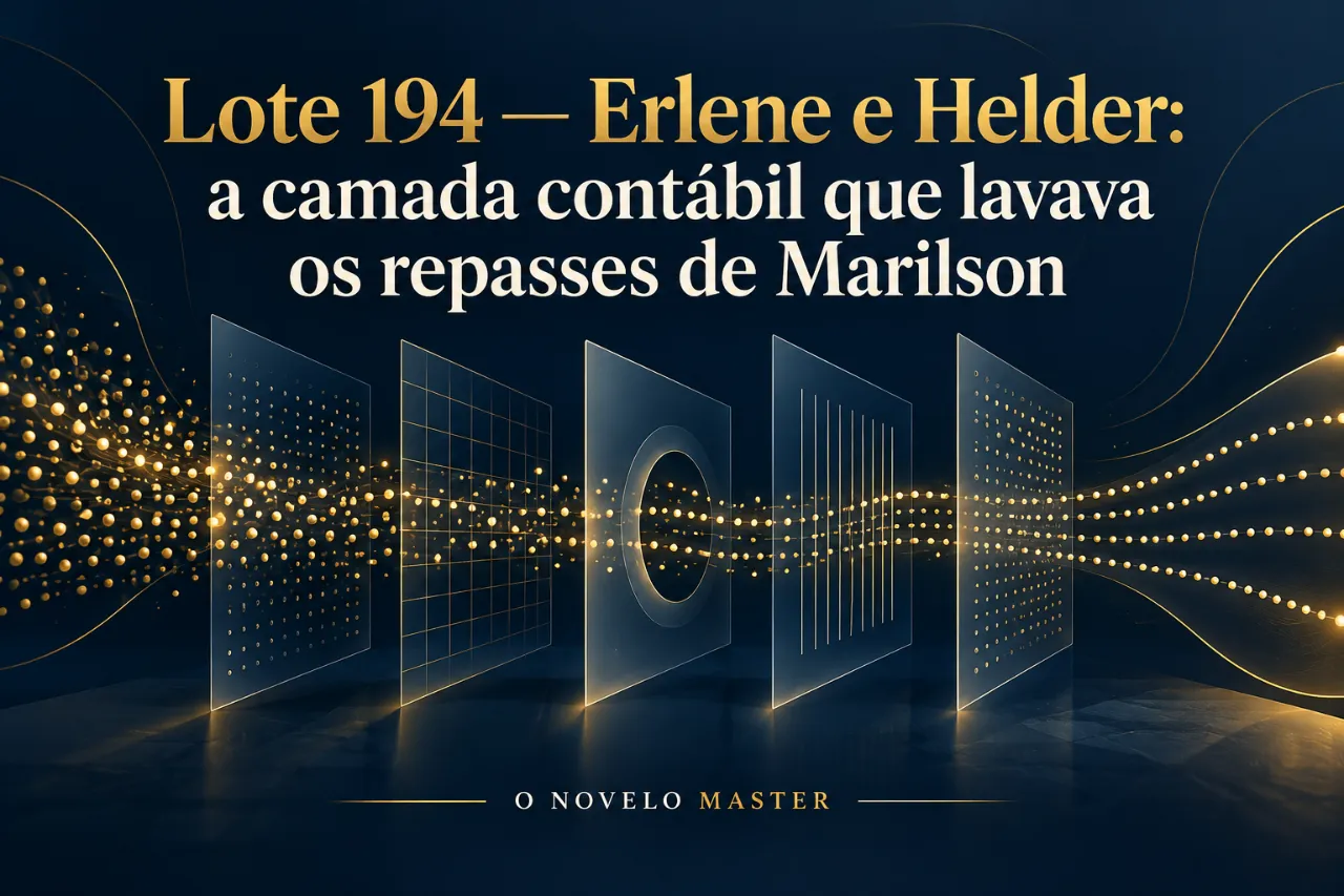 Arte de divulgação gerada por inteligência artificial: Lote 194 — Erlene e Helder: a camada contábil que lavava os repasses de Marilson