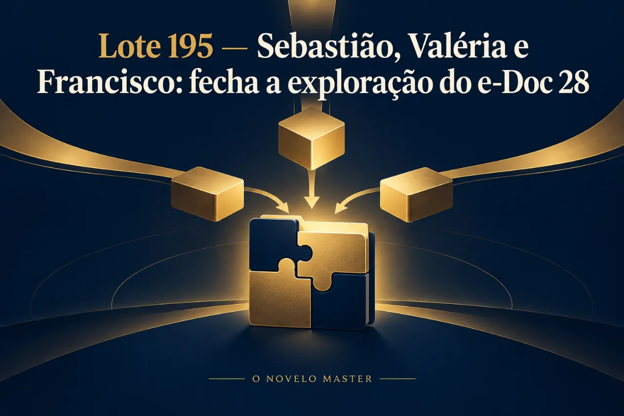 Arte de divulgação gerada por inteligência artificial: Lote 195 — Sebastião, Valéria e Francisco: fecha a exploração do e-Doc 28