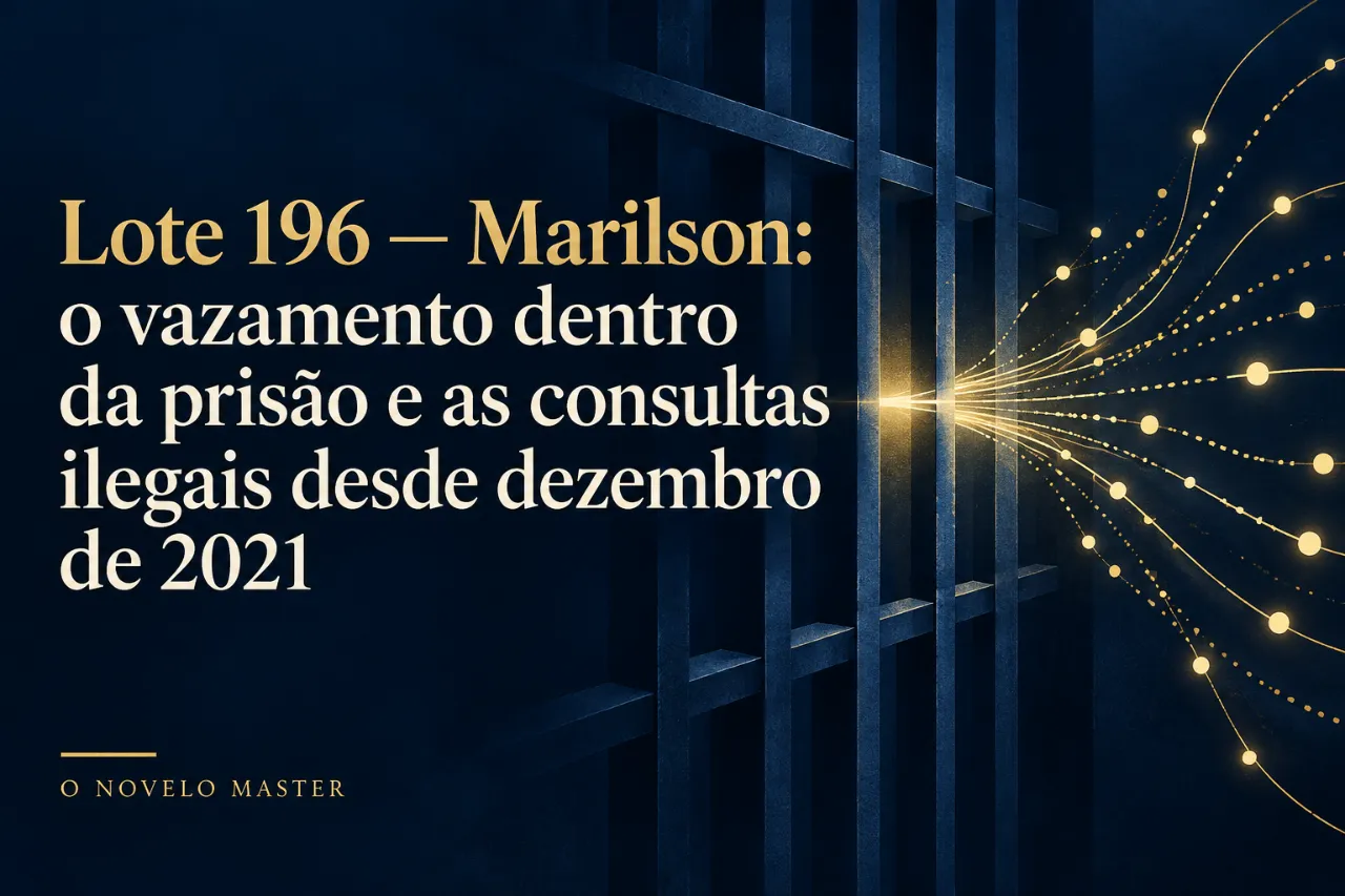 Arte de divulgação gerada por inteligência artificial: Lote 196 — Marilson: o vazamento dentro da prisão e as consultas ilegais desde dezembro de 2021