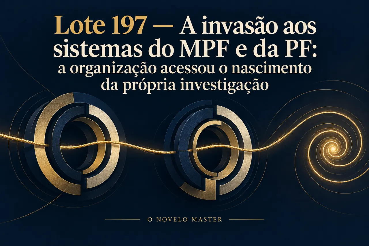 Arte de divulgação gerada por inteligência artificial: Lote 197 — A invasão aos sistemas do MPF e da PF: a organização acessou o nascimento da própria investigação