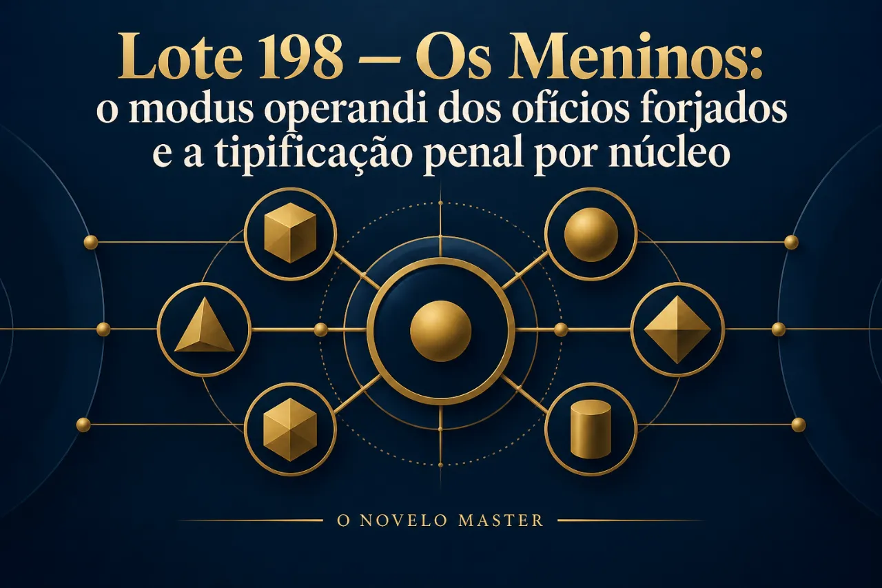 Arte de divulgação gerada por inteligência artificial: Lote 198 — Os Meninos: o modus operandi dos ofícios forjados e a tipificação penal por núcleo