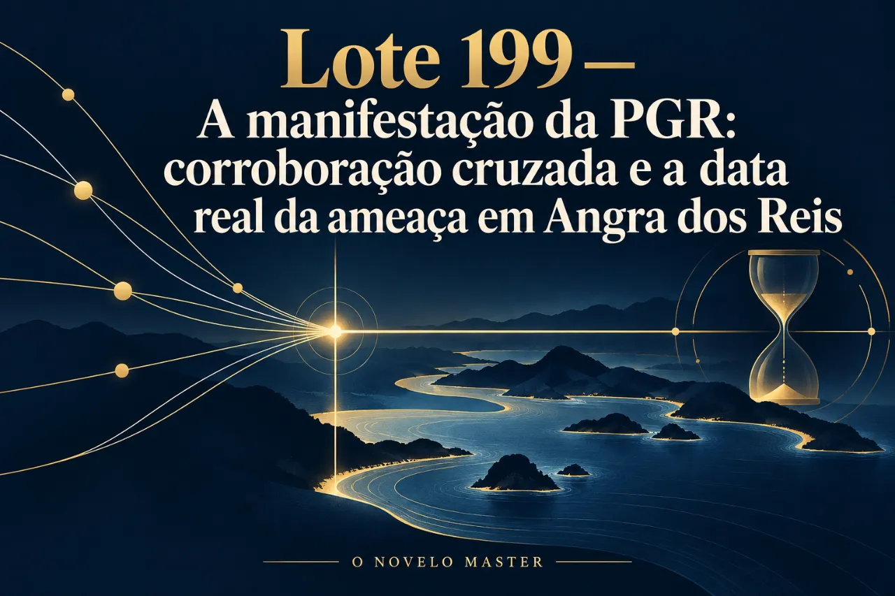 Arte de divulgação gerada por inteligência artificial: Lote 199 — A manifestação da PGR: corroboração cruzada e a data real da ameaça em Angra dos Reis