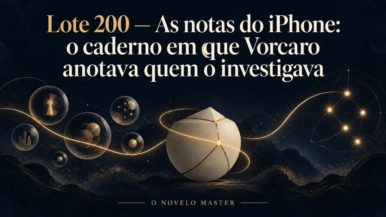 Arte de divulgação gerada por inteligência artificial: Lote 200 — As notas do iPhone: o caderno em que Vorcaro anotava quem o investigava