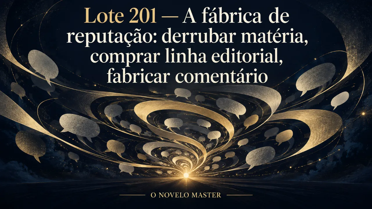 Arte de divulgação gerada por inteligência artificial: Lote 201 — A fábrica de reputação: derrubar matéria, comprar linha editorial, fabricar comentário