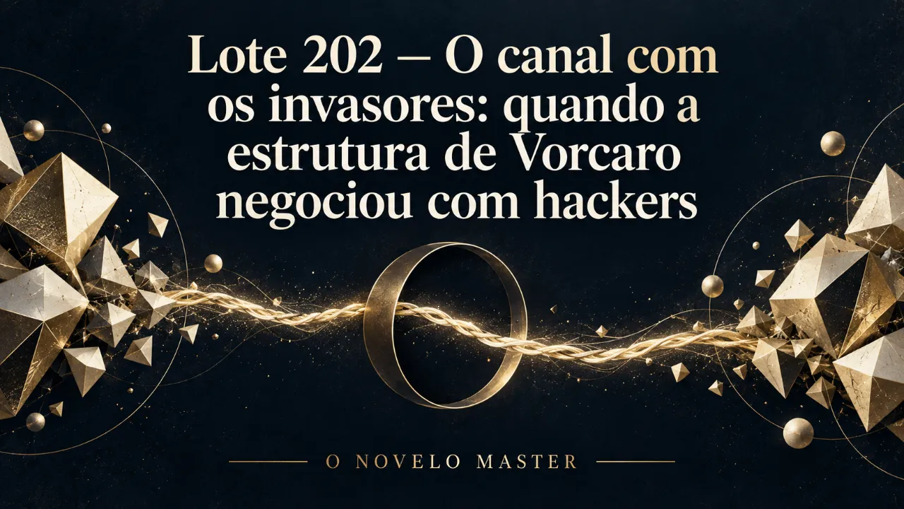 Arte de divulgação gerada por inteligência artificial: Lote 202 — O canal com os invasores: quando a estrutura de Vorcaro negociou com hackers