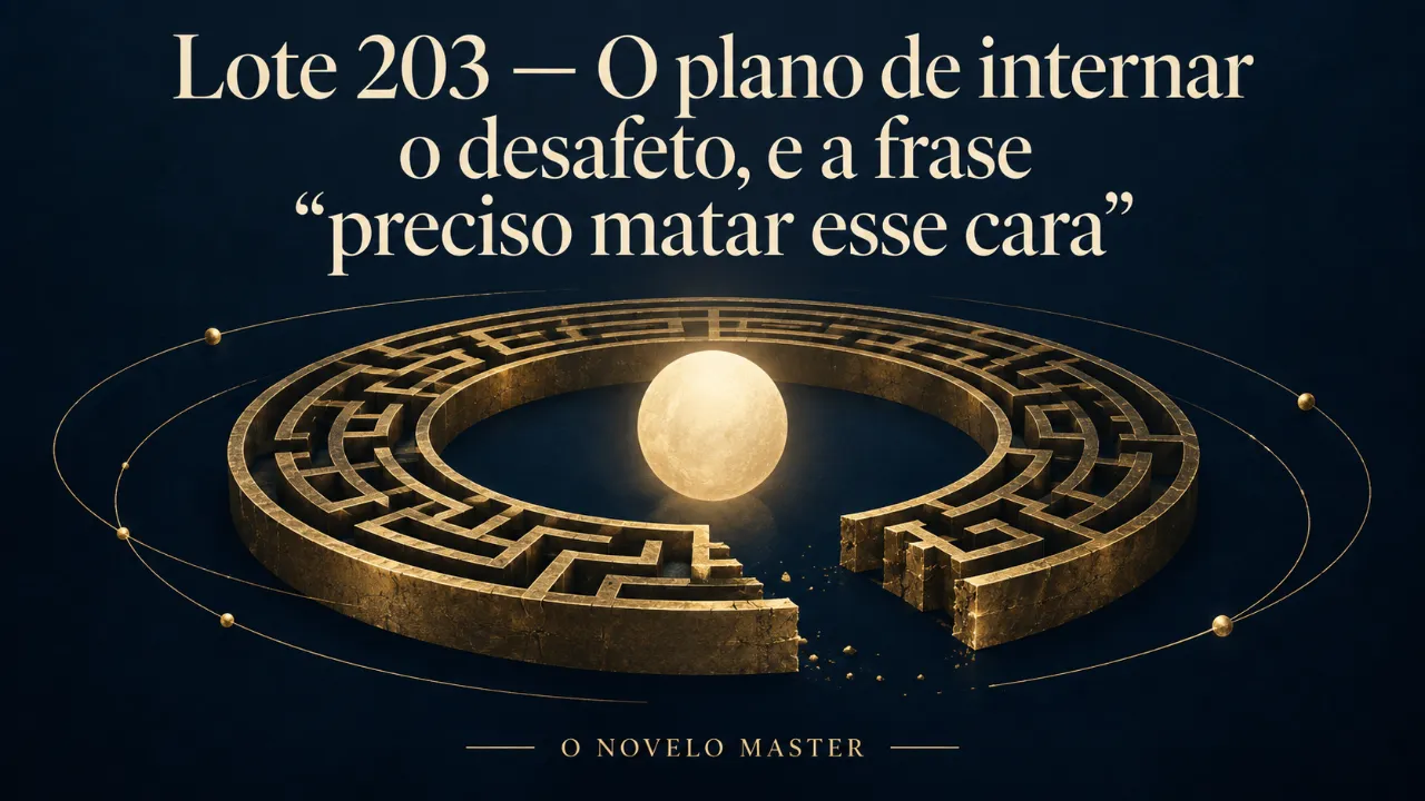 Arte de divulgação gerada por inteligência artificial: Lote 203 — O plano de internar o desafeto, e a frase "preciso matar esse cara"