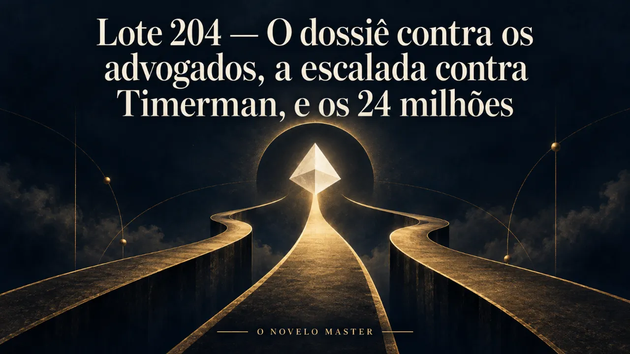 Arte de divulgação gerada por inteligência artificial: Lote 204 — O dossiê contra os advogados, a escalada contra Timerman, e os 24 milhões