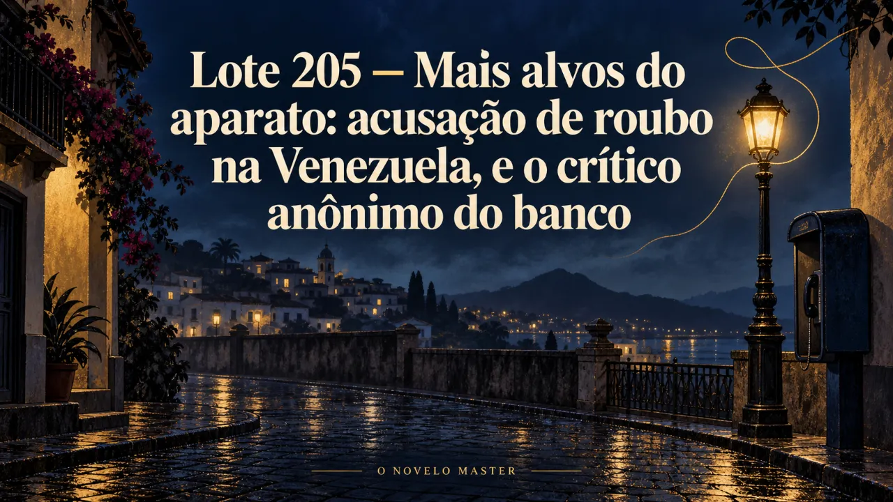 Arte de divulgação gerada por inteligência artificial: Lote 205 — Mais alvos do aparato: acusação de roubo na Venezuela, e o crítico anônimo do banco