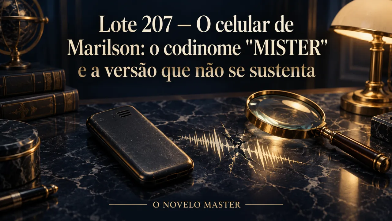 Arte de divulgação gerada por inteligência artificial: Lote 207 — O celular de Marilson: o codinome "MISTER" e a versão que não se sustenta