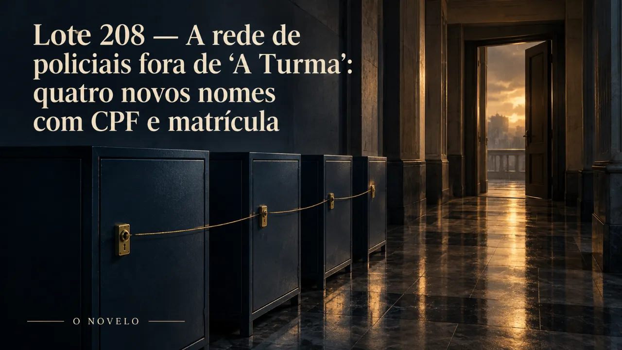 Arte de divulgação gerada por inteligência artificial: Lote 208 — A rede de policiais fora de "A Turma": quatro novos nomes com CPF e matrícula