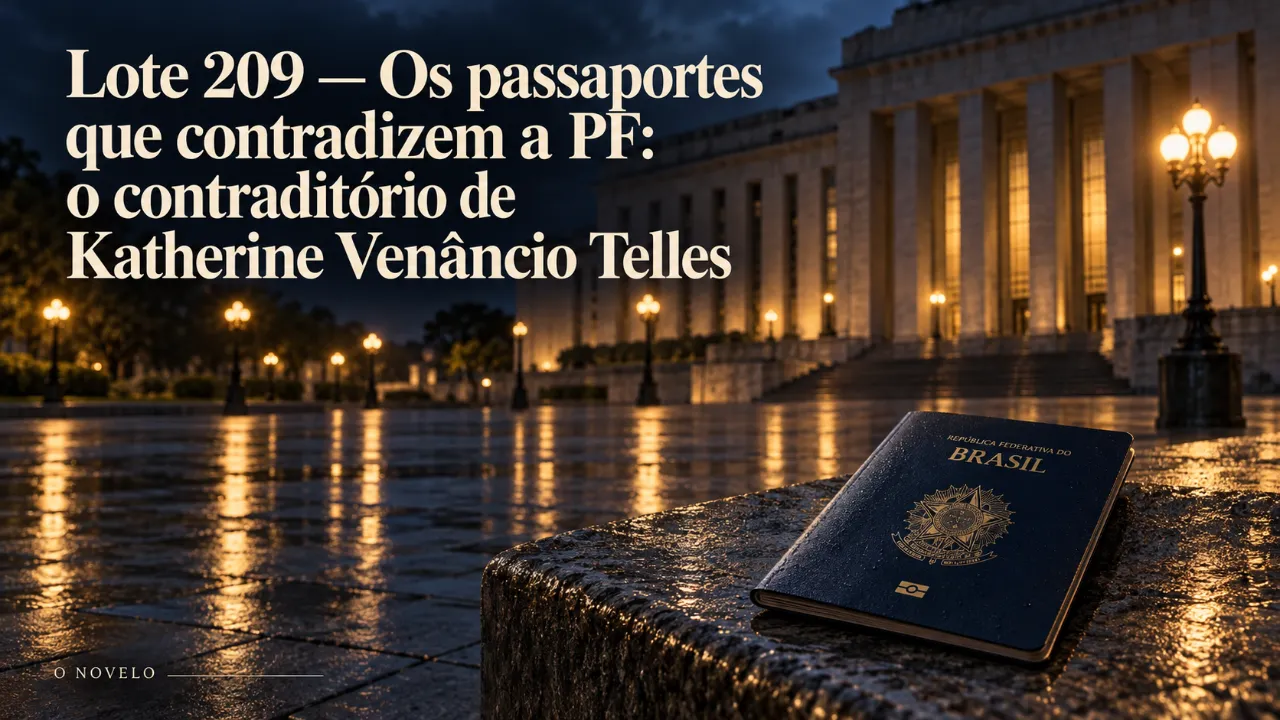 Arte de divulgação gerada por inteligência artificial: Lote 209 — Os passaportes que contradizem a PF: o contraditório de Katherine Venâncio Telles