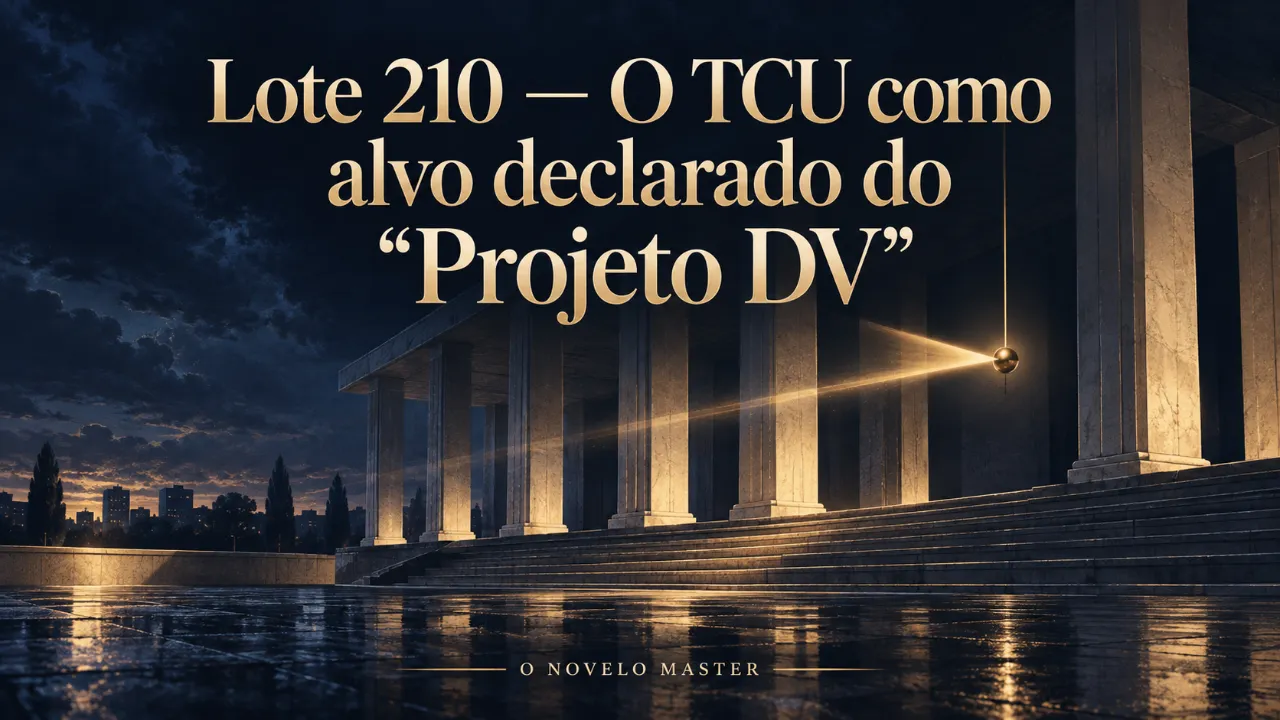 Arte de divulgação gerada por inteligência artificial: Lote 210 — O TCU como alvo declarado do "Projeto DV"
