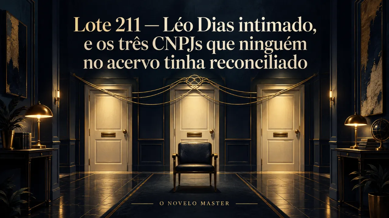 Arte de divulgação gerada por inteligência artificial: Lote 211 — Léo Dias intimado, e os três CNPJs que ninguém no acervo tinha reconciliado