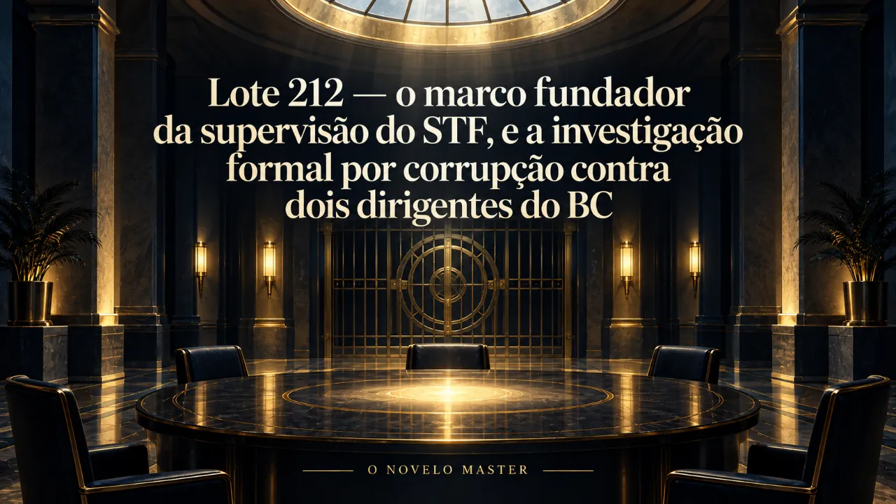 Arte de divulgação gerada por inteligência artificial: Lote 212 — o marco fundador da supervisão do STF, e a investigação formal por corrupção contra dois dirigentes do BC