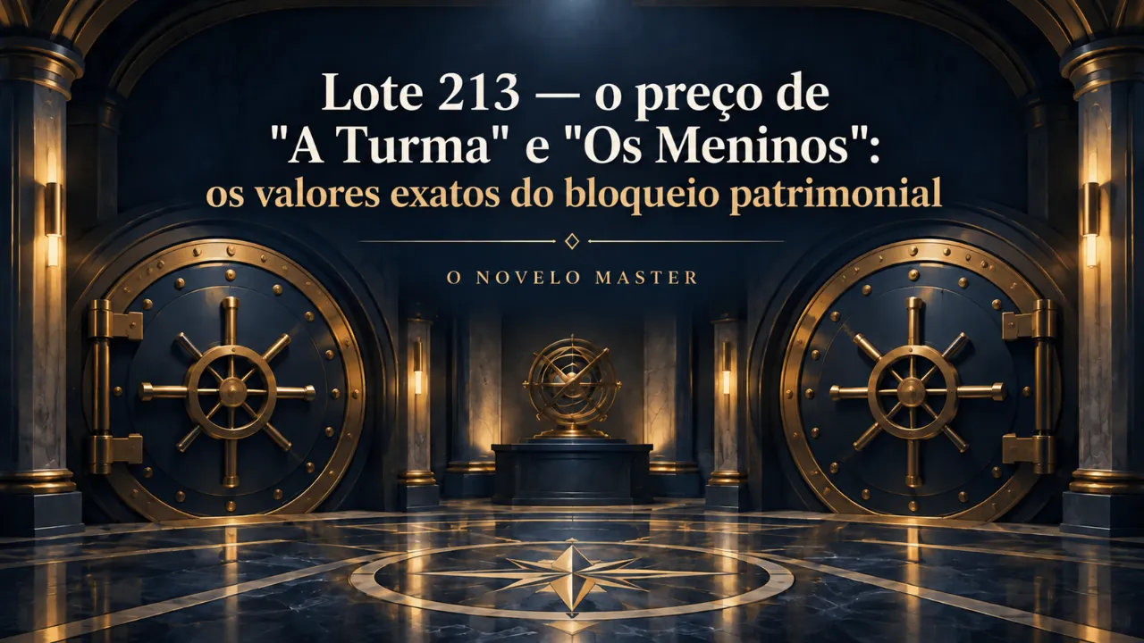 Arte de divulgação gerada por inteligência artificial: Lote 213 — o preço de "A Turma" e "Os Meninos": os valores exatos do bloqueio patrimonial