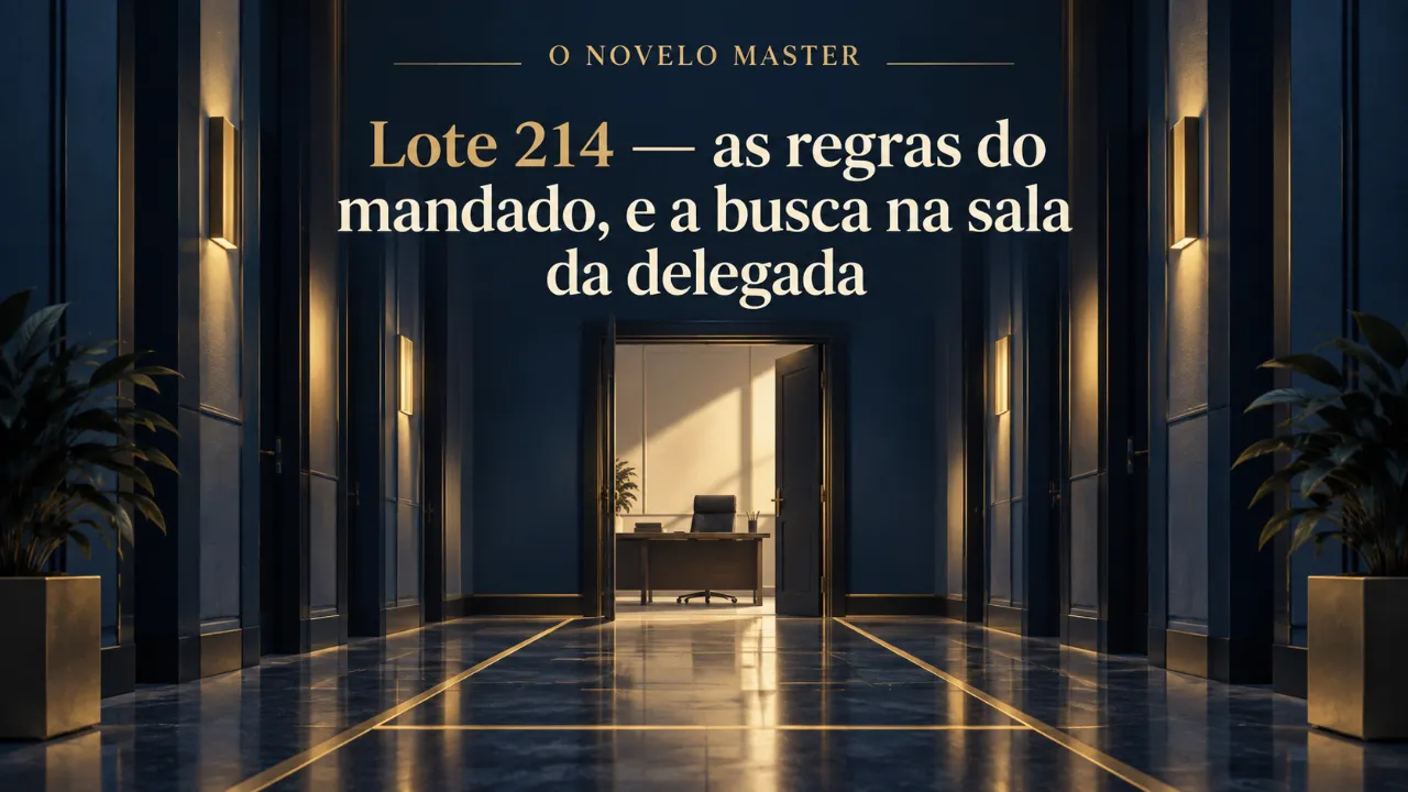 Arte de divulgação gerada por inteligência artificial: Lote 214 — as regras do mandado, e a busca na sala da delegada