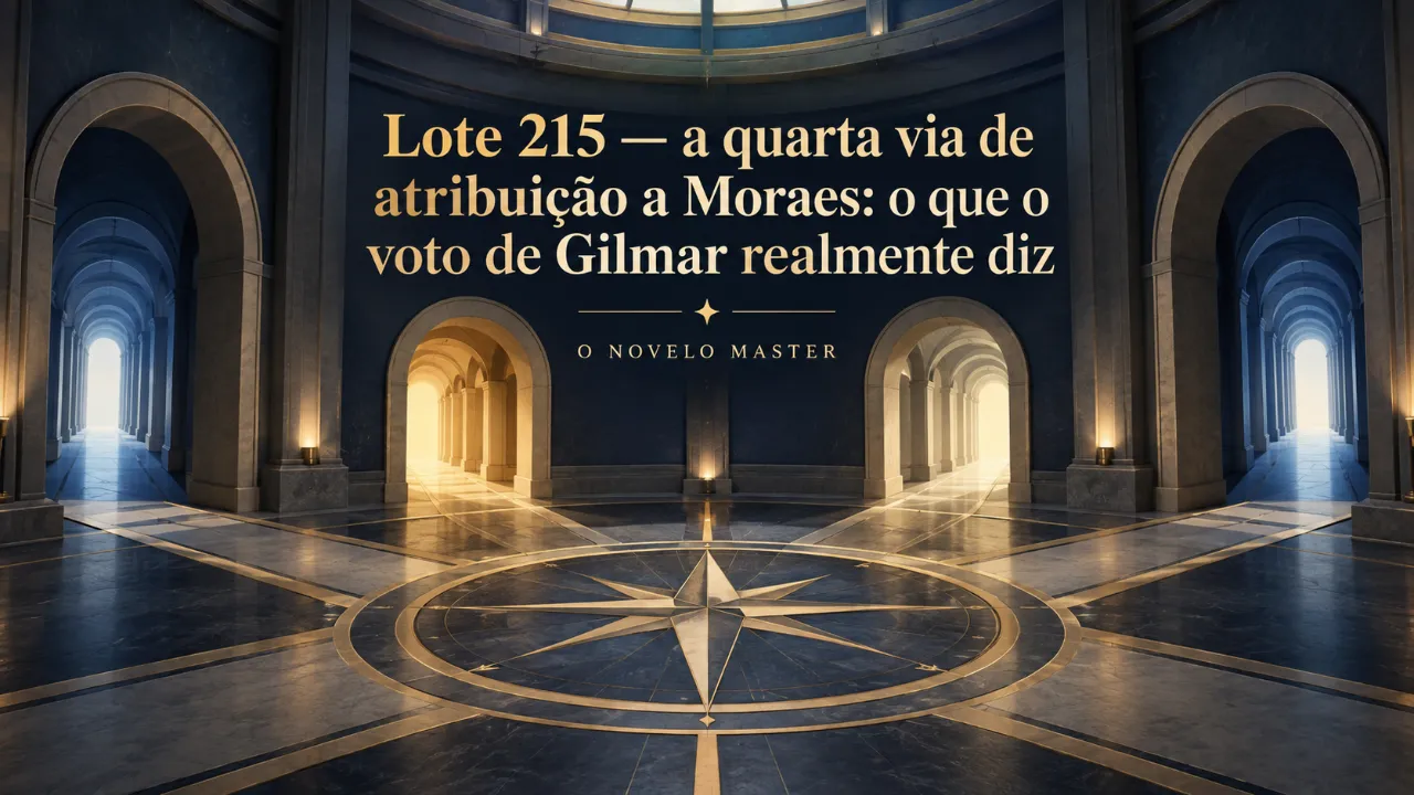 Arte de divulgação gerada por inteligência artificial: Lote 215 — a quarta via de atribuição a Moraes: o que o voto de Gilmar realmente diz