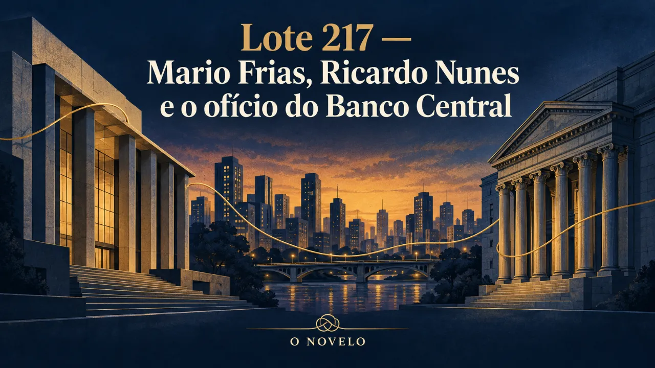 Arte de divulgação gerada por inteligência artificial: Lote 217 — Mario Frias, Ricardo Nunes e o ofício do Banco Central