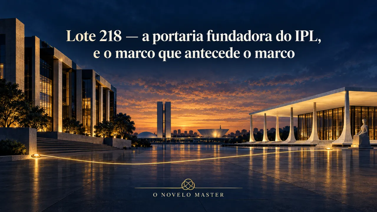 Arte de divulgação gerada por inteligência artificial: Lote 218 — a portaria fundadora do IPL, e o marco que antecede o marco