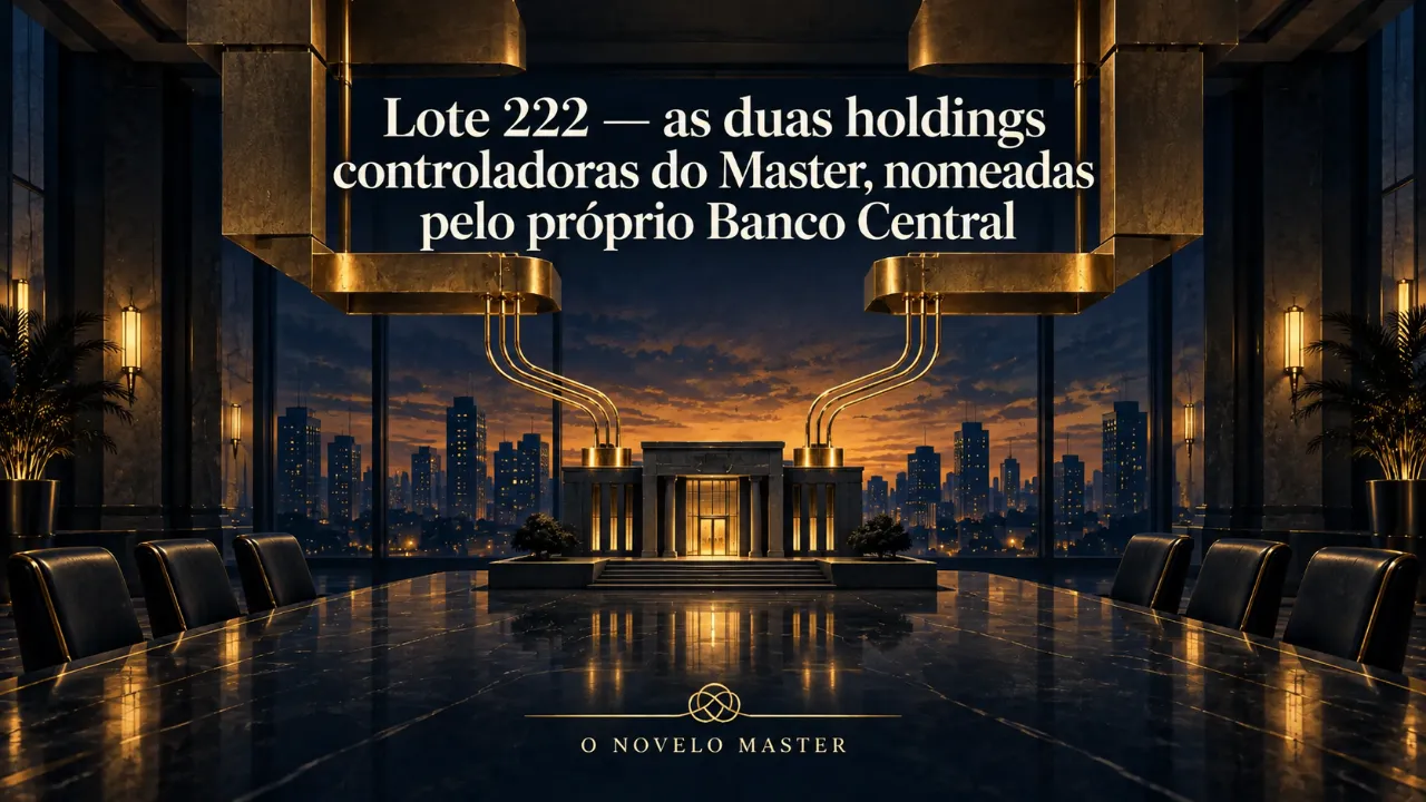 Arte de divulgação gerada por inteligência artificial: Lote 222 — as duas holdings controladoras do Master, nomeadas pelo próprio Banco Central