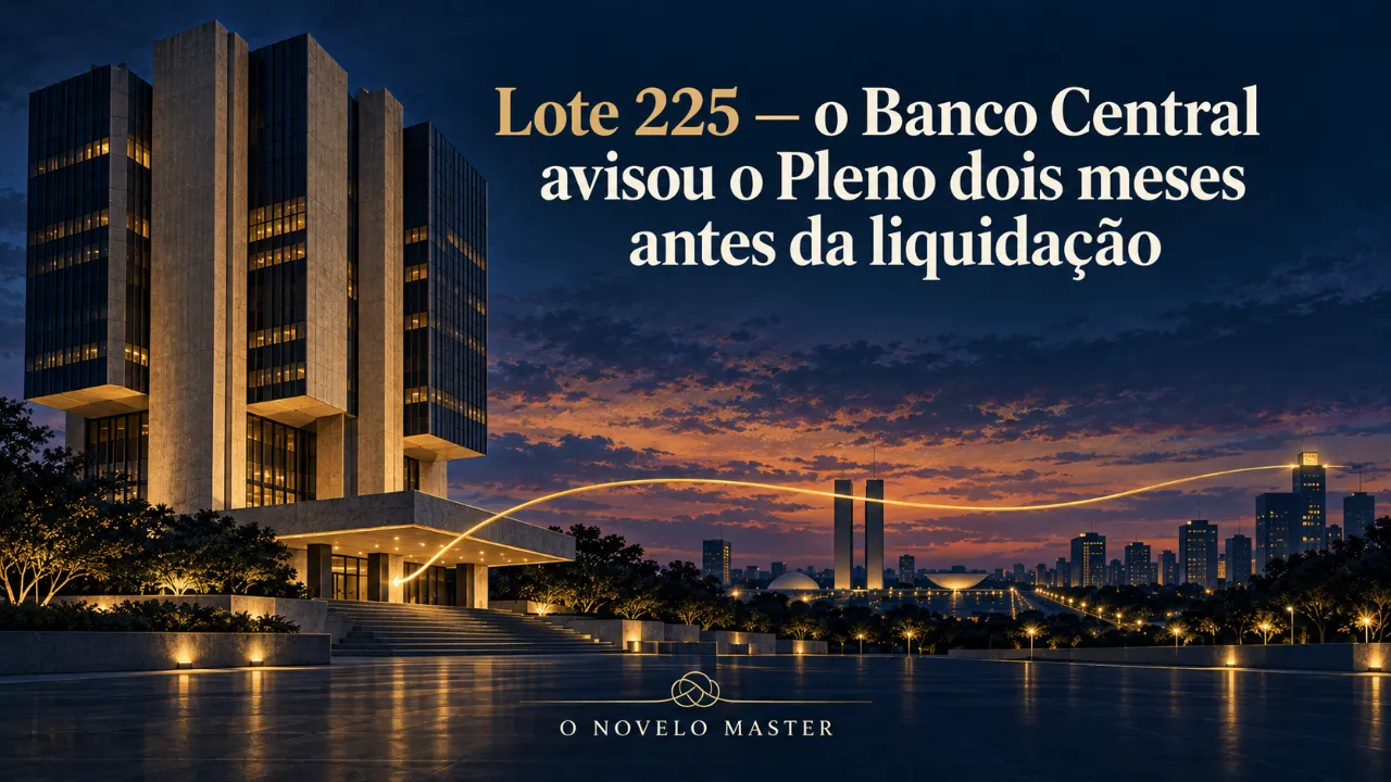 Arte de divulgação gerada por inteligência artificial: Lote 225 — o Banco Central avisou o Pleno dois meses antes da liquidação