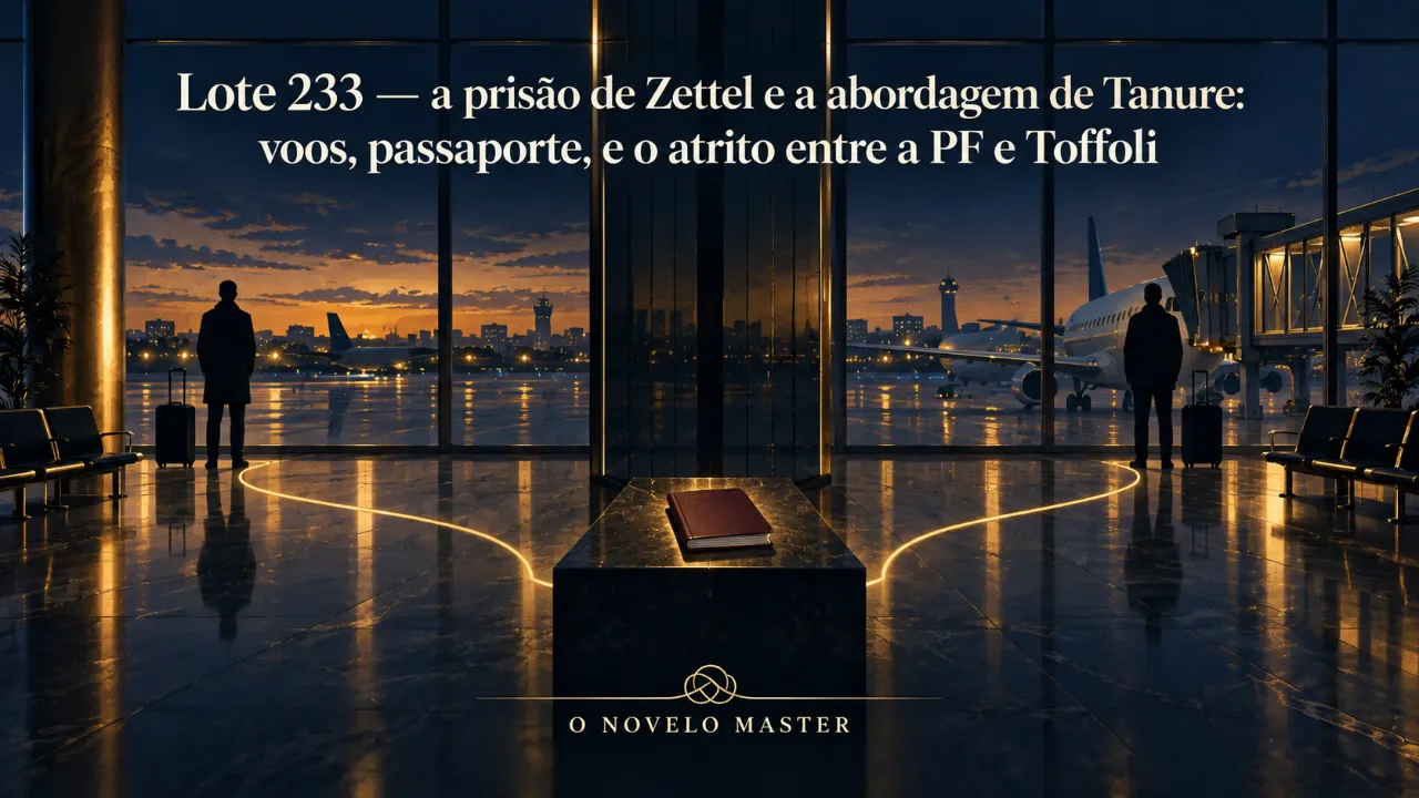 Arte de divulgação gerada por inteligência artificial: Lote 233 — a prisão de Zettel e a abordagem de Tanure: voos, passaporte, e o atrito entre a PF e Toffoli