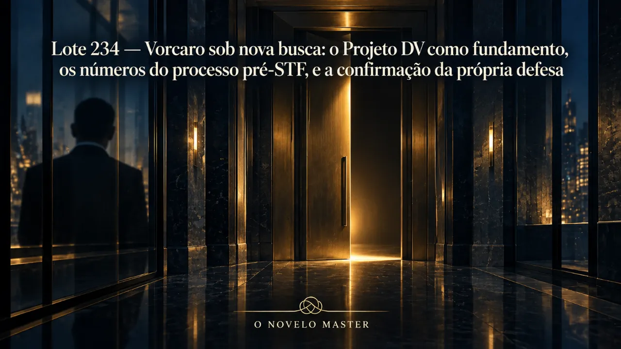 Arte de divulgação gerada por inteligência artificial: Lote 234 — Vorcaro sob nova busca: o Projeto DV como fundamento, os números do processo pré-STF, e a confirmação da própria defesa