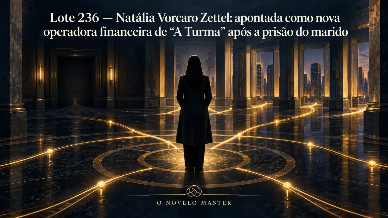 Arte de divulgação gerada por inteligência artificial: Lote 236 — Natália Vorcaro Zettel: apontada como nova operadora financeira de "A Turma" após a prisão do marido