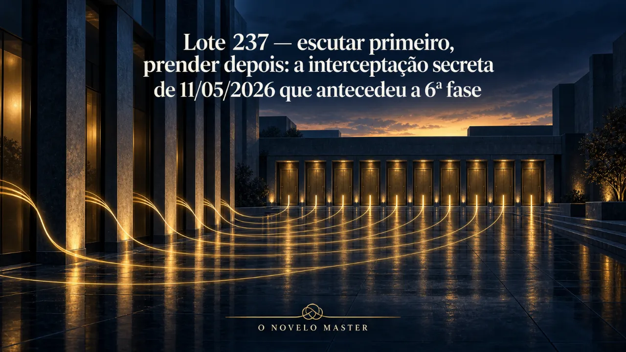 Arte de divulgação gerada por inteligência artificial: Lote 237 — escutar primeiro, prender depois: a interceptação secreta de 11/05/2026 que antecedeu a 6ª fase