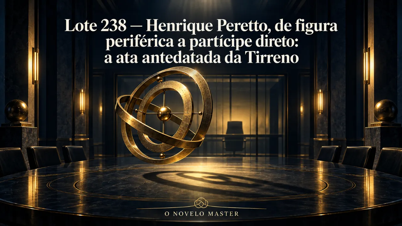 Arte de divulgação gerada por inteligência artificial: Lote 238 — Henrique Peretto, de figura periférica a partícipe direto: a ata antedatada da Tirreno