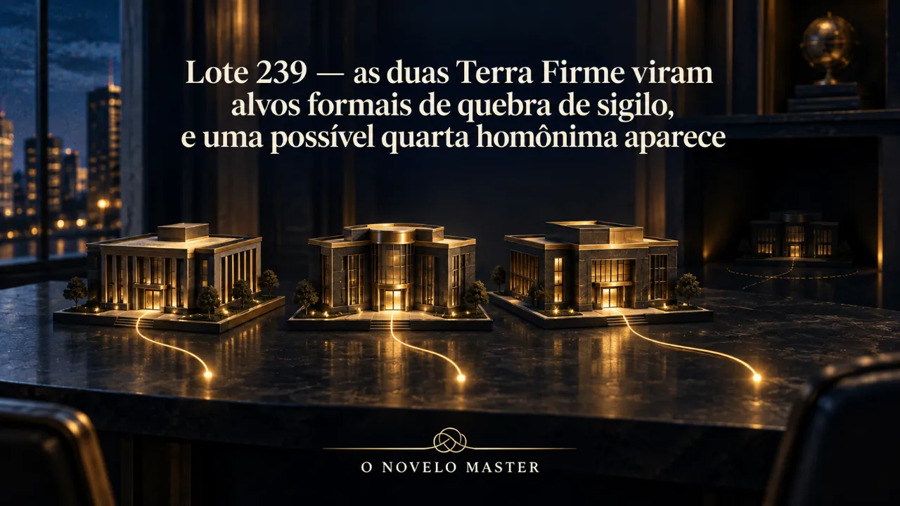 Arte de divulgação gerada por inteligência artificial: Lote 239 — as duas Terra Firme viram alvos formais de quebra de sigilo, e uma possível quarta homônima aparece