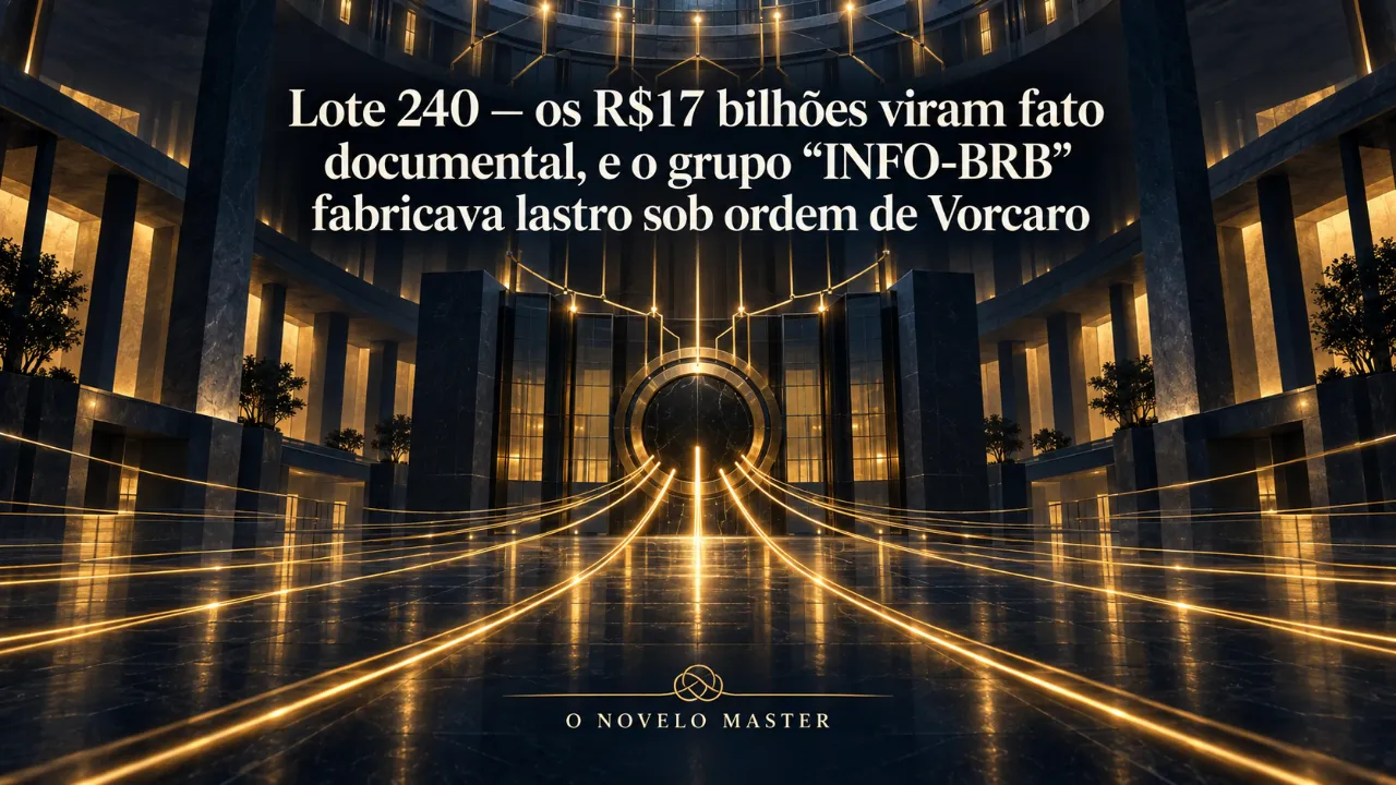 Arte de divulgação gerada por inteligência artificial: Lote 240 — os R$17 bilhões viram fato documental, e o grupo "INFO-BRB" fabricava lastro sob ordem de Vorcaro