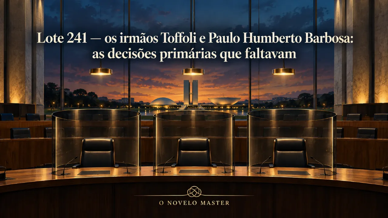 Arte de divulgação gerada por inteligência artificial: Lote 241 — os irmãos Toffoli e Paulo Humberto Barbosa: as decisões primárias que faltavam