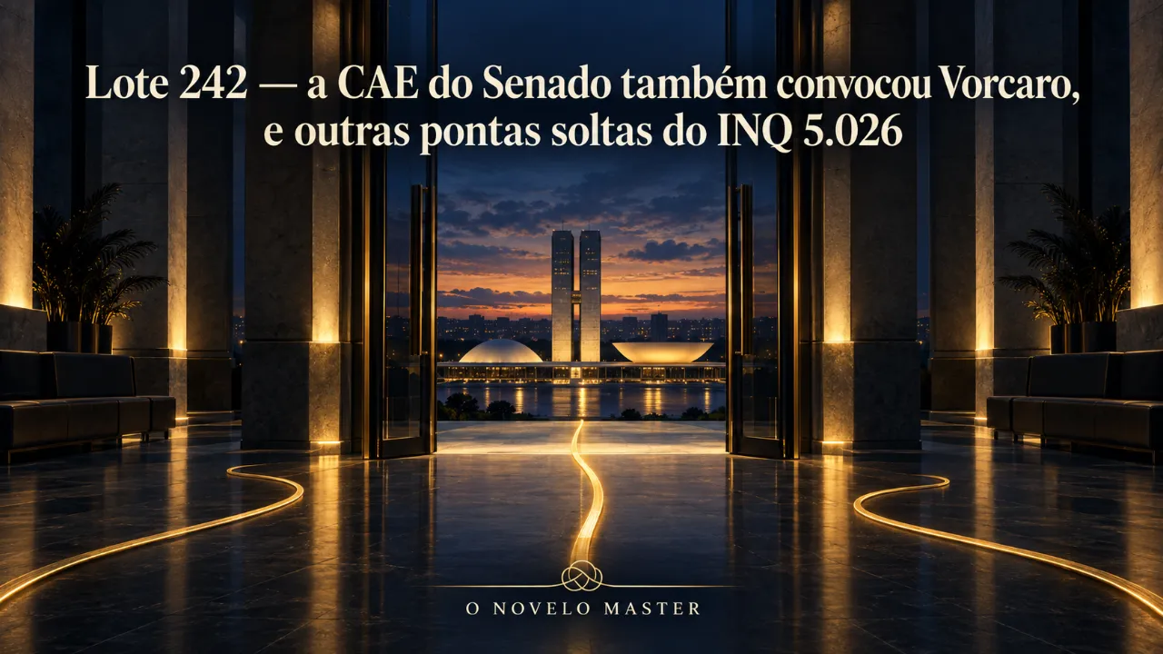 Arte de divulgação gerada por inteligência artificial: Lote 242 — a CAE do Senado também convocou Vorcaro, e outras pontas soltas do INQ 5.026